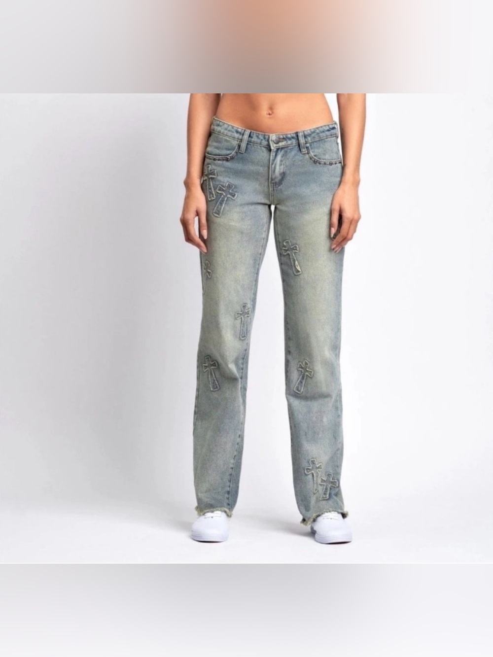 AUSTIN LANDING Studded Embroidered Cross Straight Leg Jeans Blue VIRAL Size 0 - Picture 2 of 16